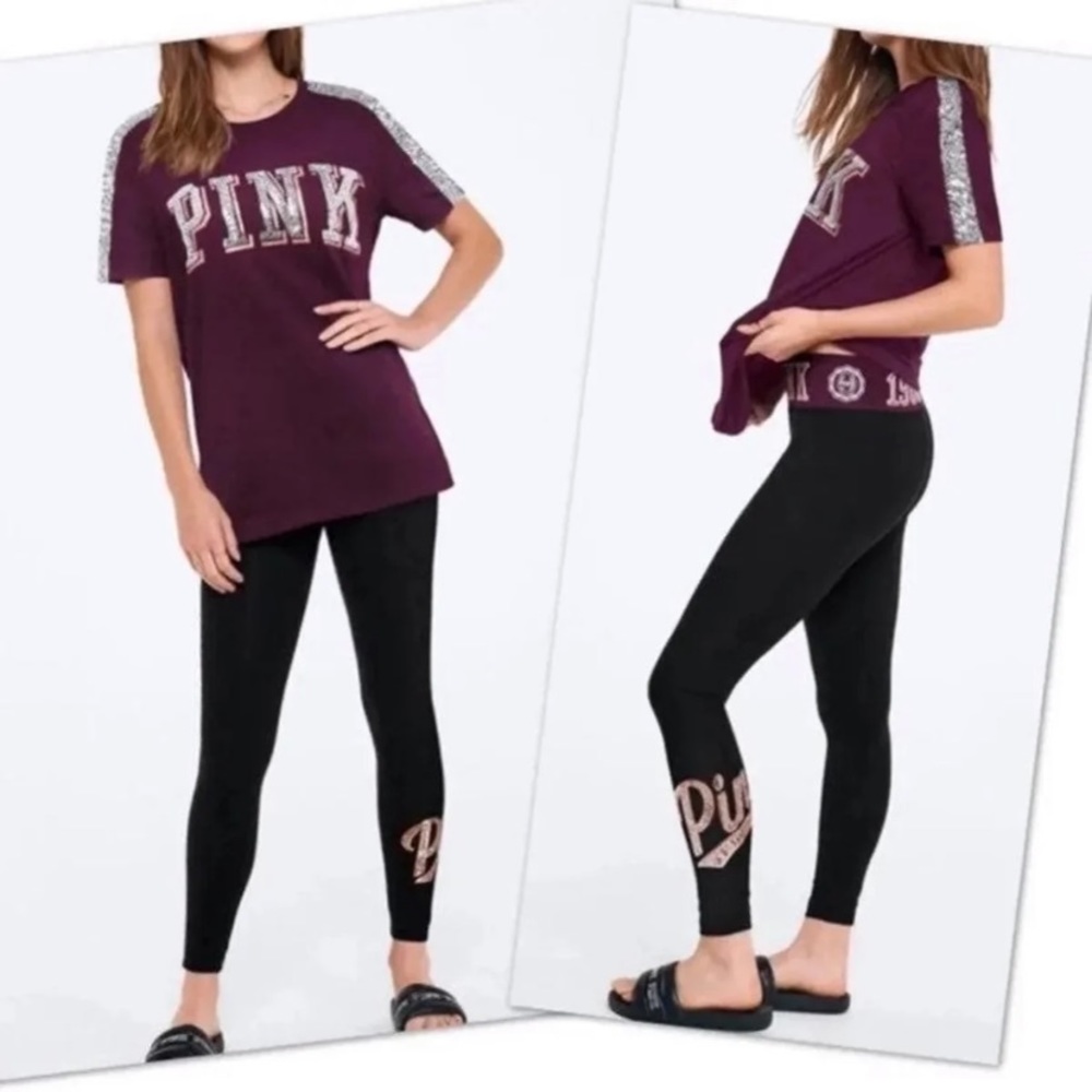 VS PINK Yoga Cotton Bling Leggings Black Maroon